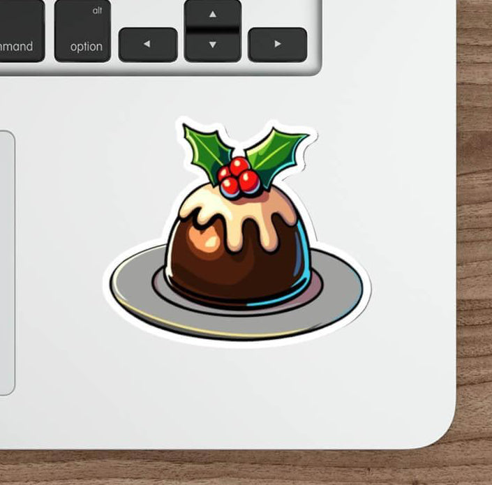 Festive Christmas pudding waterproof sticker featuring a classic pudding with holly and icing. Perfect for decorating laptops, water bottles, and journals with a holiday touch