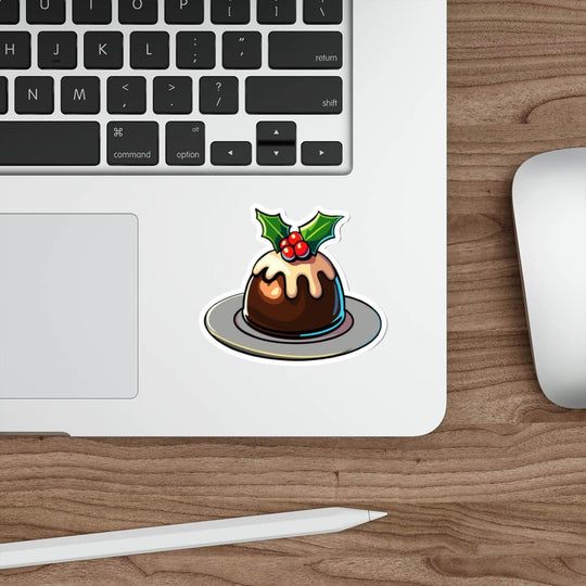 Festive Christmas pudding waterproof sticker featuring a classic pudding with holly and icing. Perfect for decorating laptops, water bottles, and journals with a holiday touch