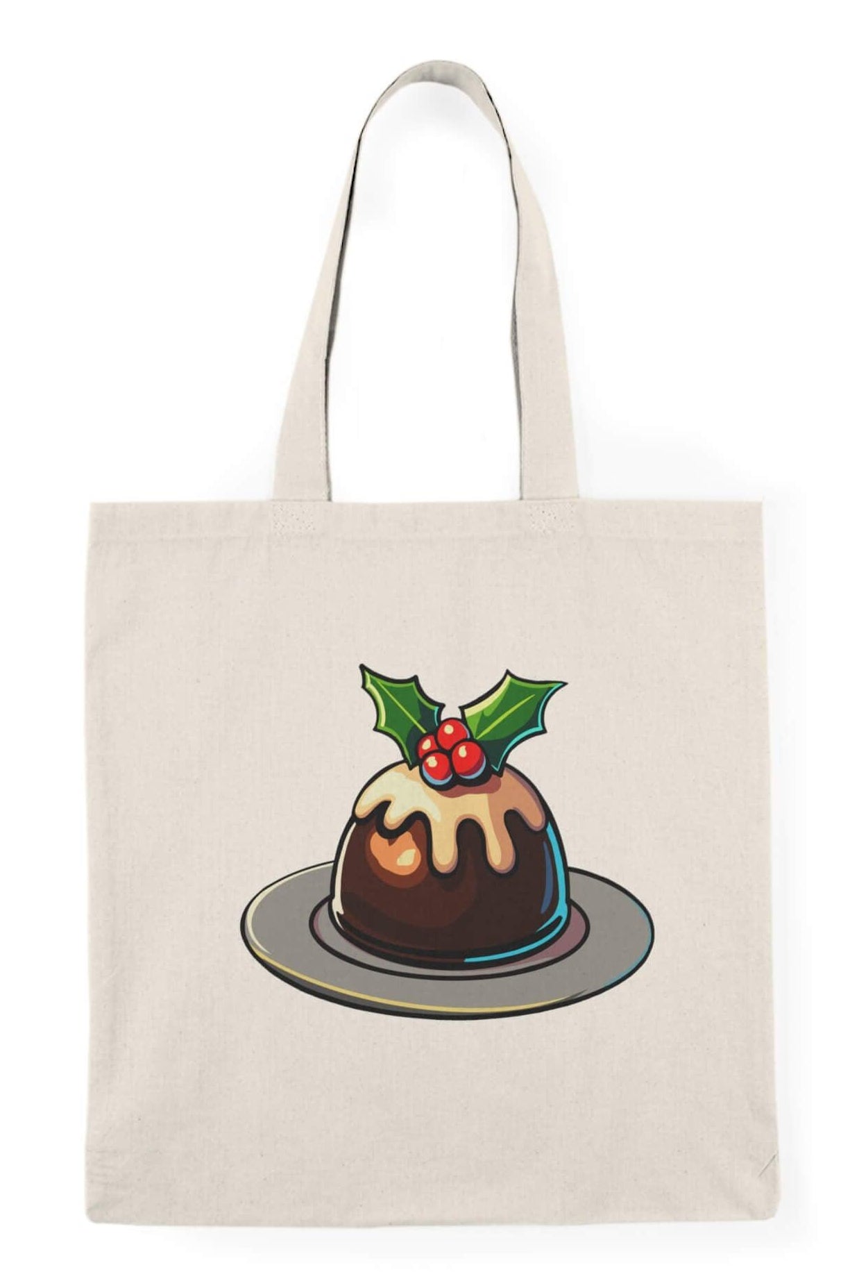 Festive Christmas pudding tote bag featuring a traditional pudding with holly and icing. Made from 100% recycled cotton, perfect for holiday shopping, gift-carrying, and adding seasonal charm to daily errands
