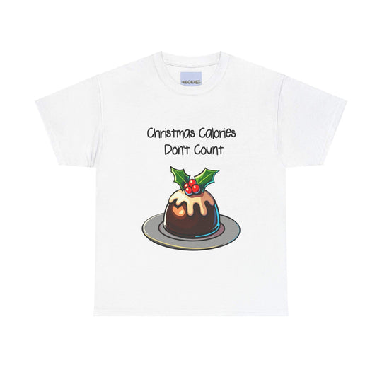 Humorous 'Christmas Calories Don't Count' T-shirt featuring a festive pudding design, made from 100% cotton, perfect for spreading holiday cheer. Available in sizes S to XXL