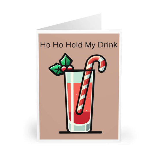 A greeting card with an illustration of a festive cocktail with a candy cane and holly, and the text &
