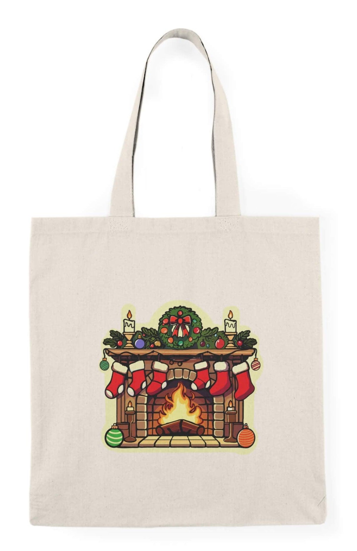 Eco-friendly Christmas tote bag with cozy fireplace design, featuring festive details like wreath, stockings, ornaments, and candles. Made from 100% recycled cotton, spacious and durable for holiday shopping or gift-carrying
