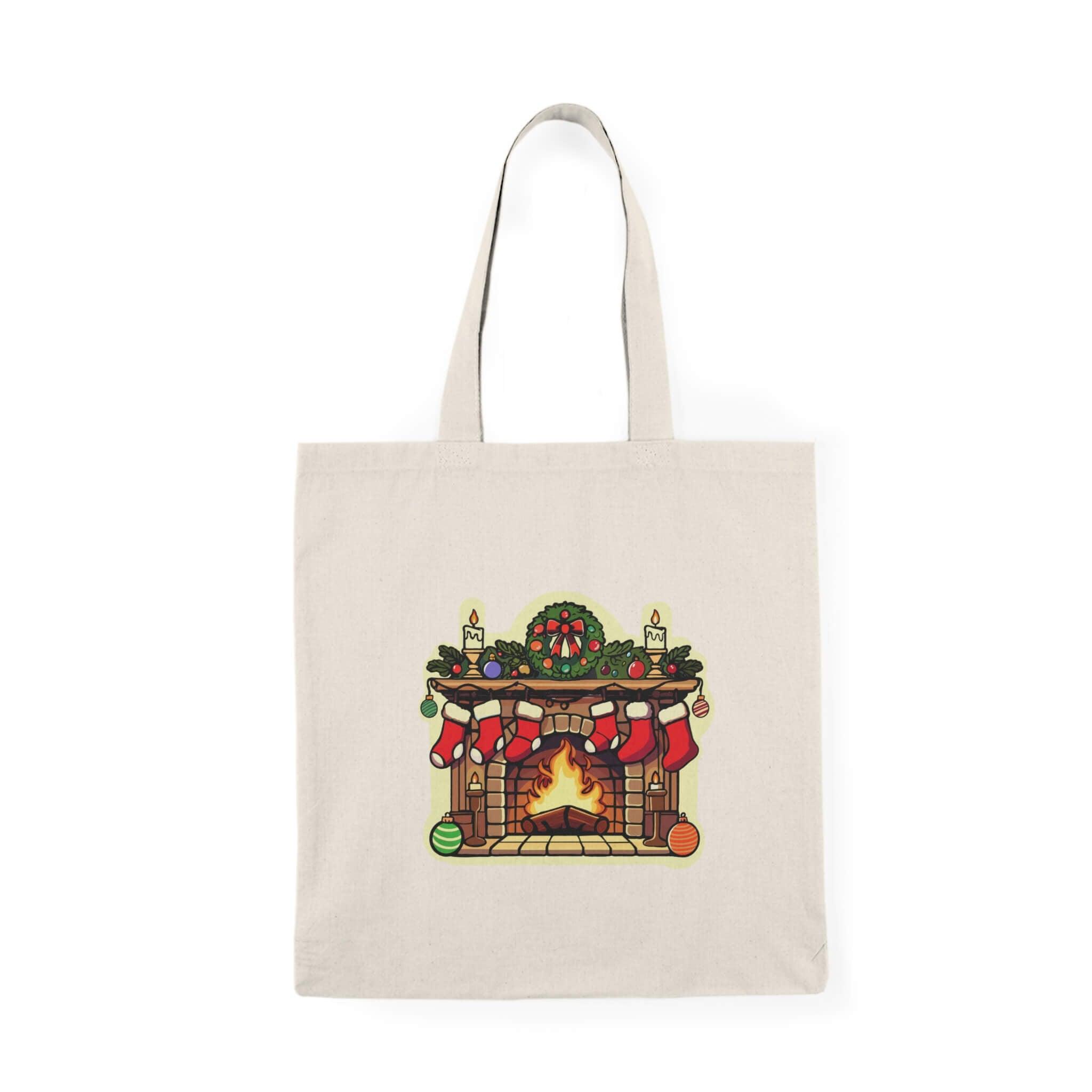 Eco-friendly Christmas tote bag with cozy fireplace design, featuring festive details like wreath, stockings, ornaments, and candles. Made from 100% recycled cotton, spacious and durable for holiday shopping or gift-carrying