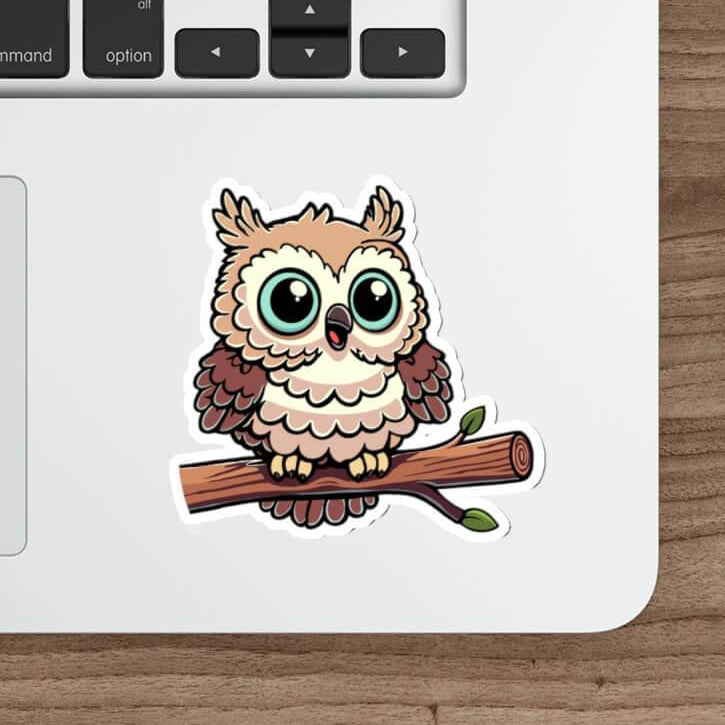 Cute cartoon owl sticker on a laptop, featuring a wide-eyed owl sitting on a branch, perfect for personalizing gadgets