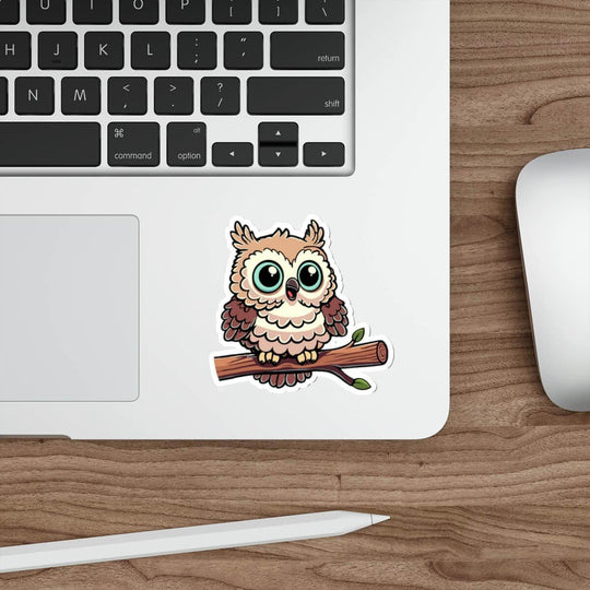 Cute cartoon owl sticker on a laptop, featuring a wide-eyed owl sitting on a branch, perfect for personalizing gadgets