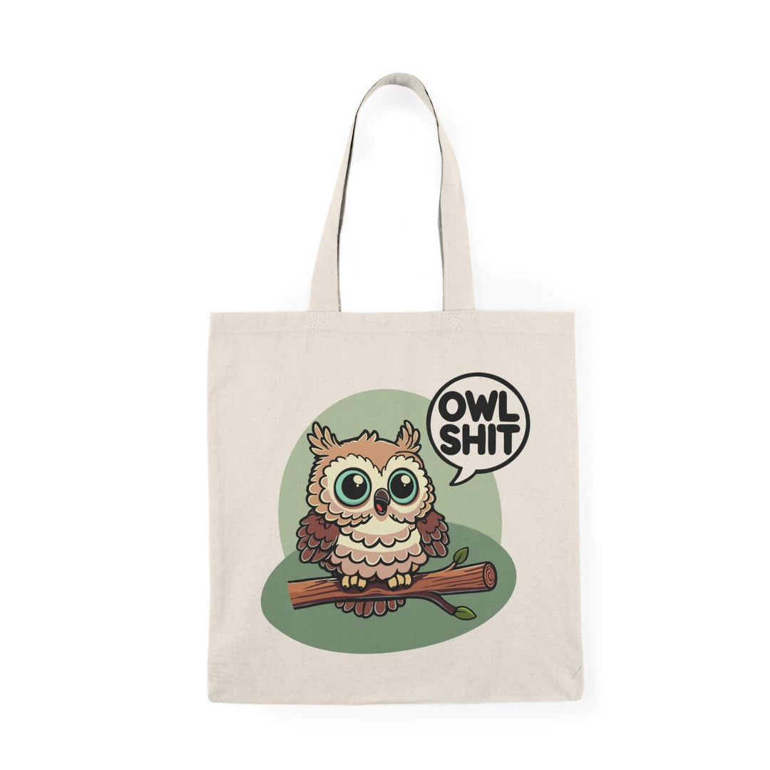 Durable and eco-friendly 'Owl Shit' tote bag made from 100% recycled cotton, featuring a playful owl design, perfect for daily use