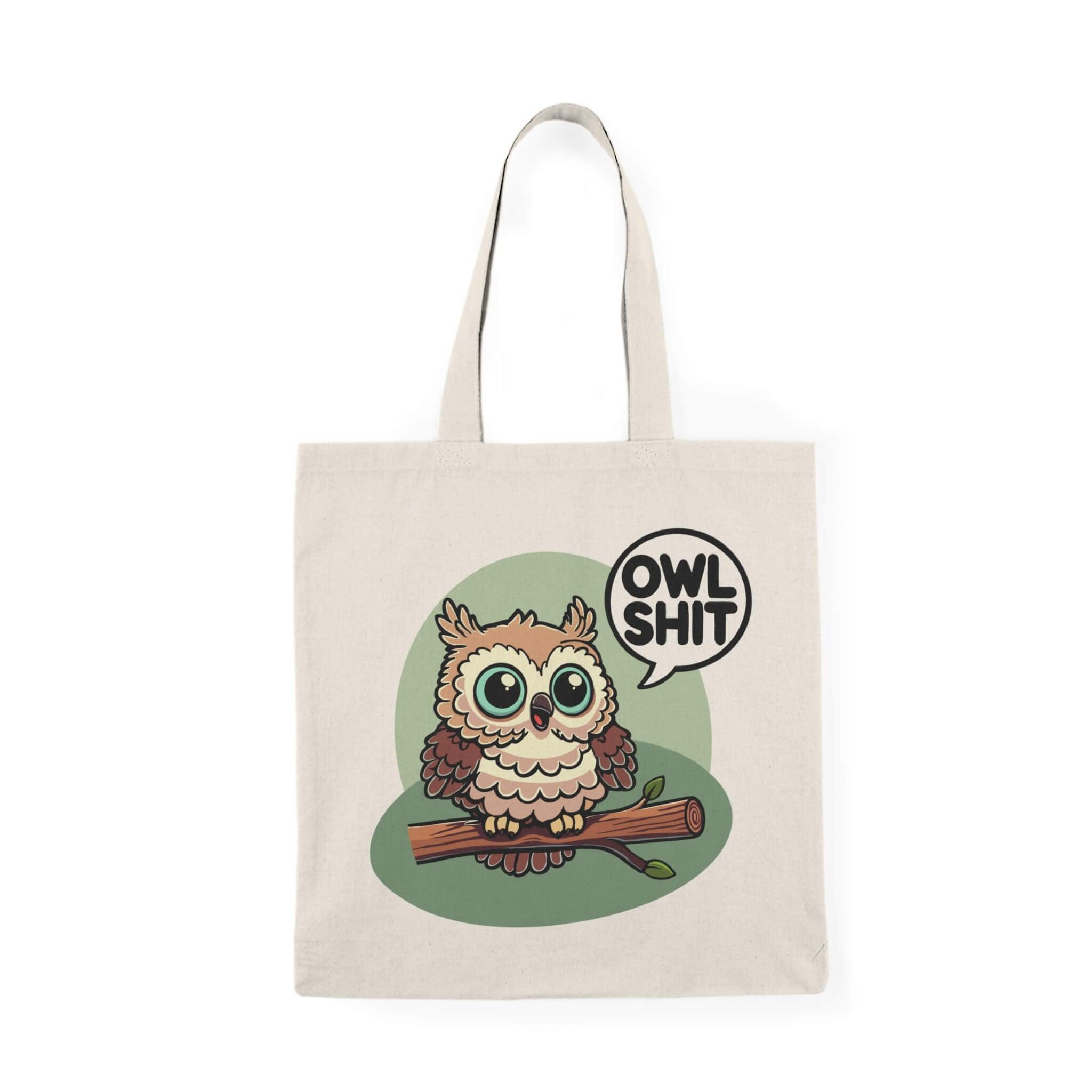Durable and eco-friendly 'Owl Shit' tote bag made from 100% recycled cotton, featuring a playful owl design, perfect for daily use