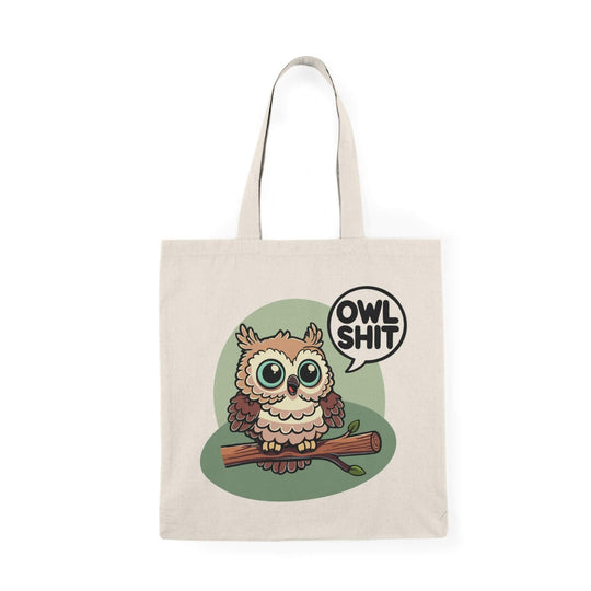 Durable and eco-friendly 'Owl Shit' tote bag made from 100% recycled cotton, featuring a playful owl design, perfect for daily use