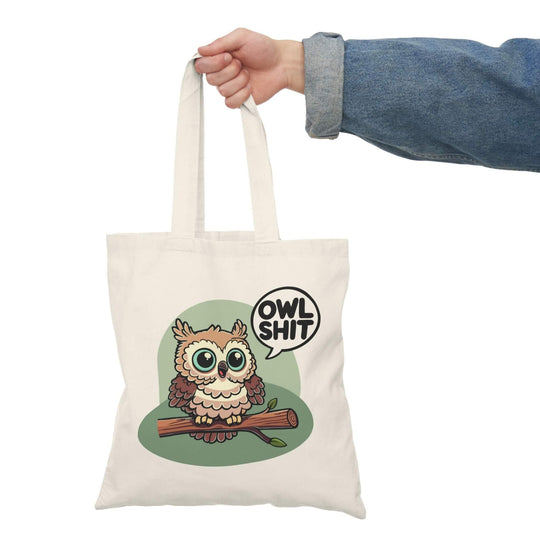Durable and eco-friendly 'Owl Shit' tote bag made from 100% recycled cotton, featuring a playful owl design, perfect for daily use