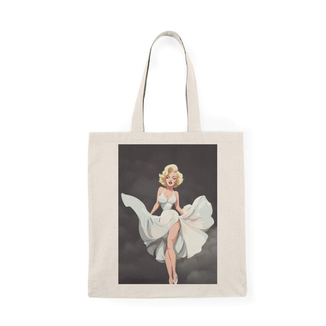 Stylish tote bag featuring a Marilyn Monroe-inspired illustration with a white dress on a dark background, perfect for vintage and movie fans