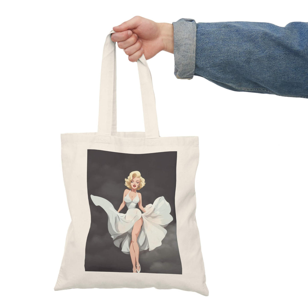 Stylish tote bag featuring a Marilyn Monroe-inspired illustration with a white dress on a dark background, perfect for vintage and movie fans