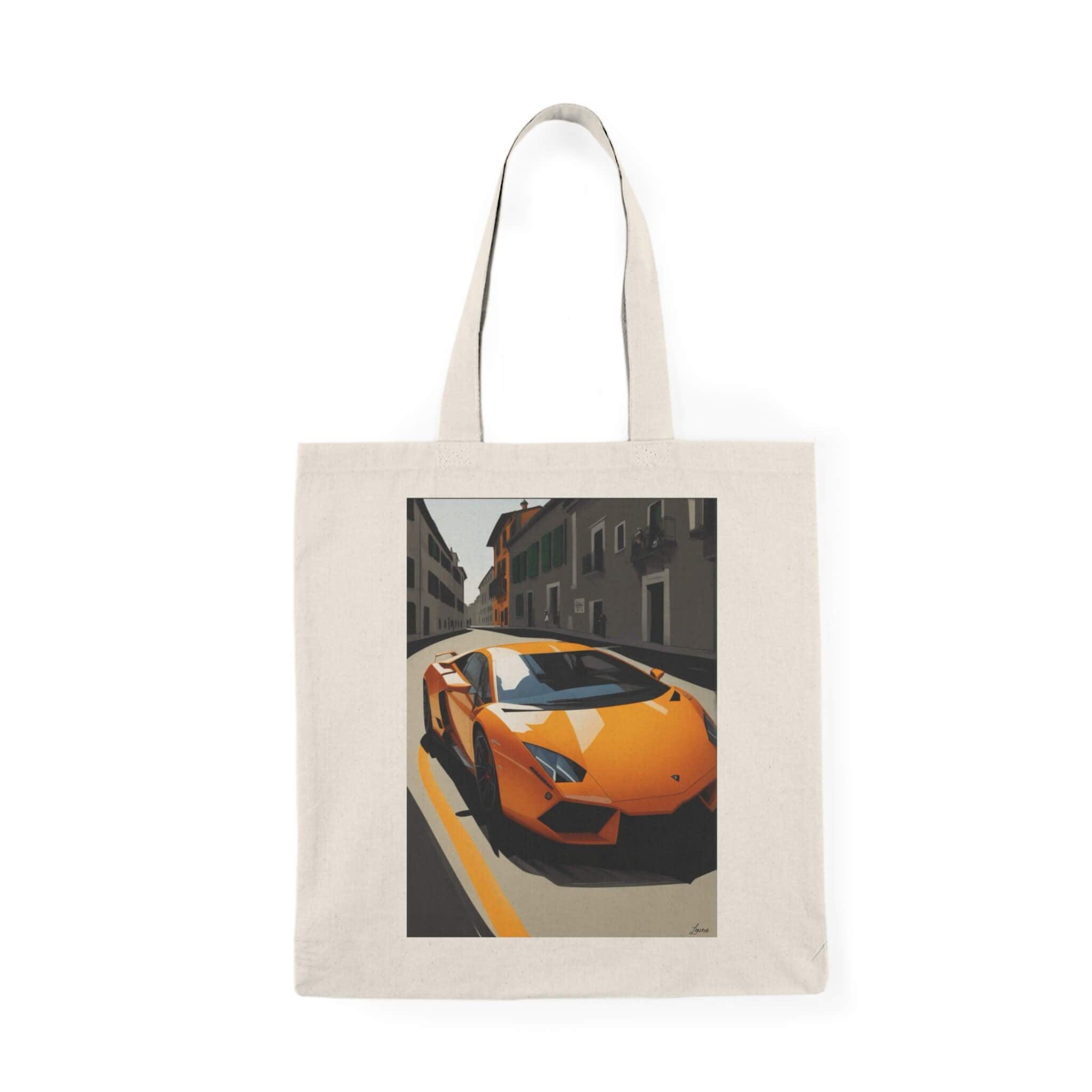 Modern tote bag showcasing a vibrant orange Lamborghini in an urban setting, ideal for car enthusiasts and fashion-forward individuals