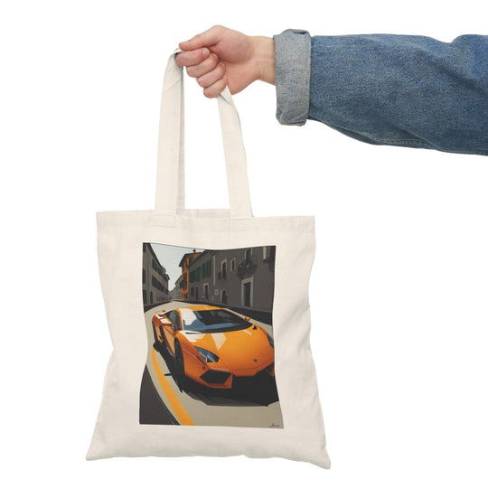 Modern tote bag showcasing a vibrant orange Lamborghini in an urban setting, ideal for car enthusiasts and fashion-forward individuals