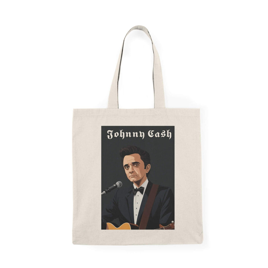 Tote bag featuring an artistic portrayal of Johnny Cash with his guitar, perfect for fans of the legendary musician