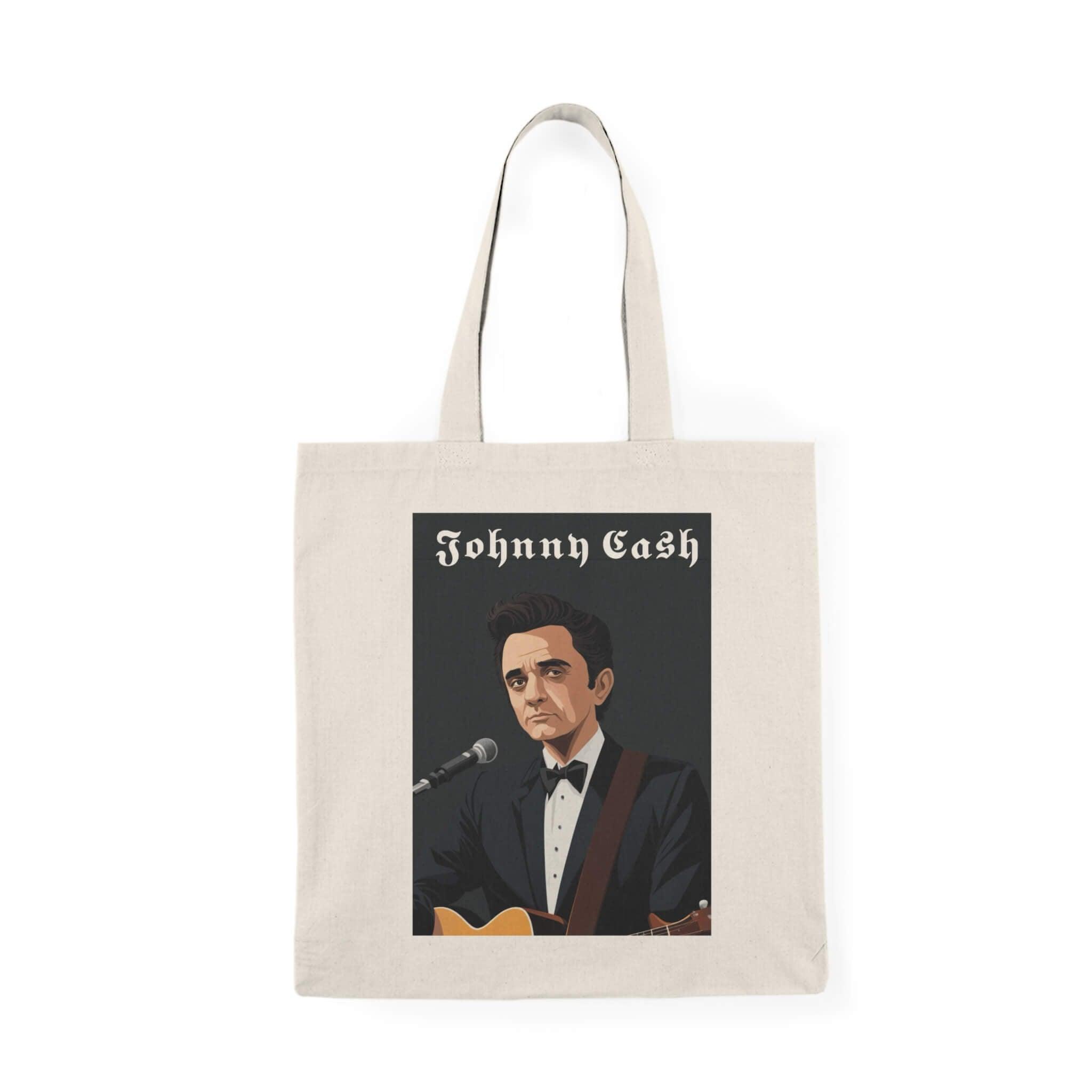Tote bag featuring an artistic portrayal of Johnny Cash with his guitar, perfect for fans of the legendary musician