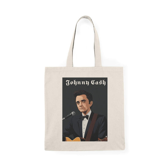 Tote bag featuring an artistic portrayal of Johnny Cash with his guitar, perfect for fans of the legendary musician