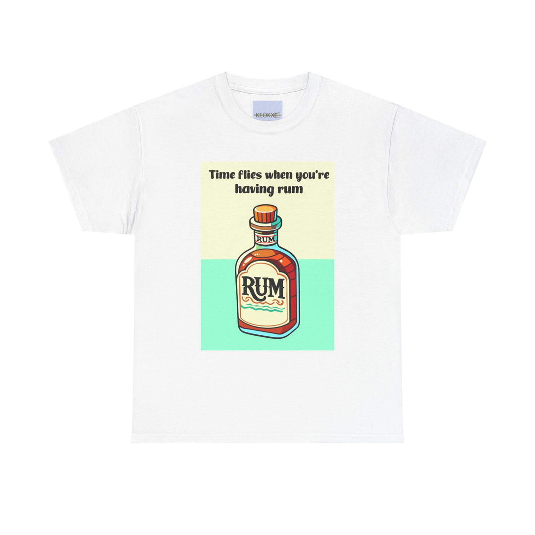 A white heavy cotton T-shirt featuring a colorful illustration of a rum bottle with the playful text "Time flies when you're having rum," available in sizes S, M, L, XL, and XXL.