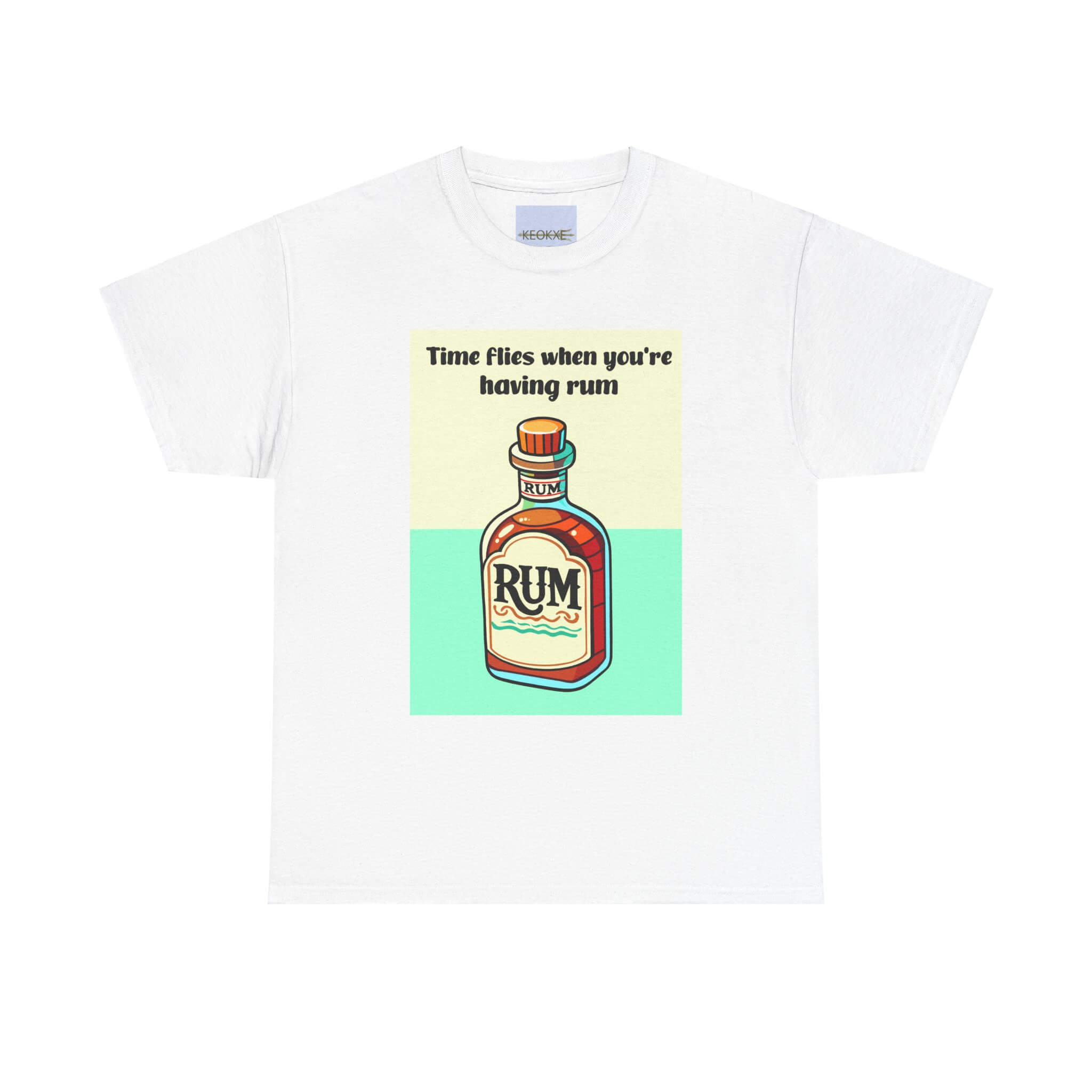 A white heavy cotton T-shirt featuring a colorful illustration of a rum bottle with the playful text "Time flies when you're having rum," available in sizes S, M, L, XL, and XXL.