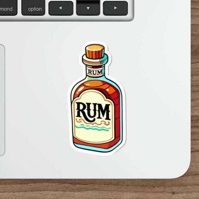 A vibrant sticker featuring a colorful illustration of a rum bottle, perfect for decorating laptops, notebooks, and more. Available as a single sticker, a pack of 3, or a pack of 6.