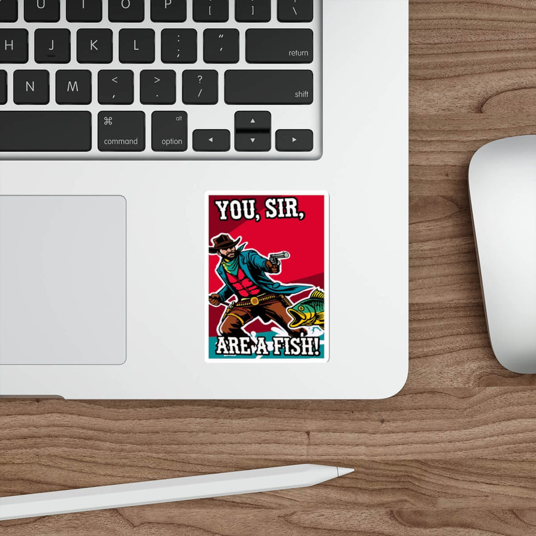 A humorous, durable sticker featuring a cowboy aiming at a fish with the bold phrase "You, Sir, Are a Fish!" shown on a laptop surface. Perfect for decorating laptops, notebooks, or any smooth surface, available as a single sticker, in packs of three, or six.