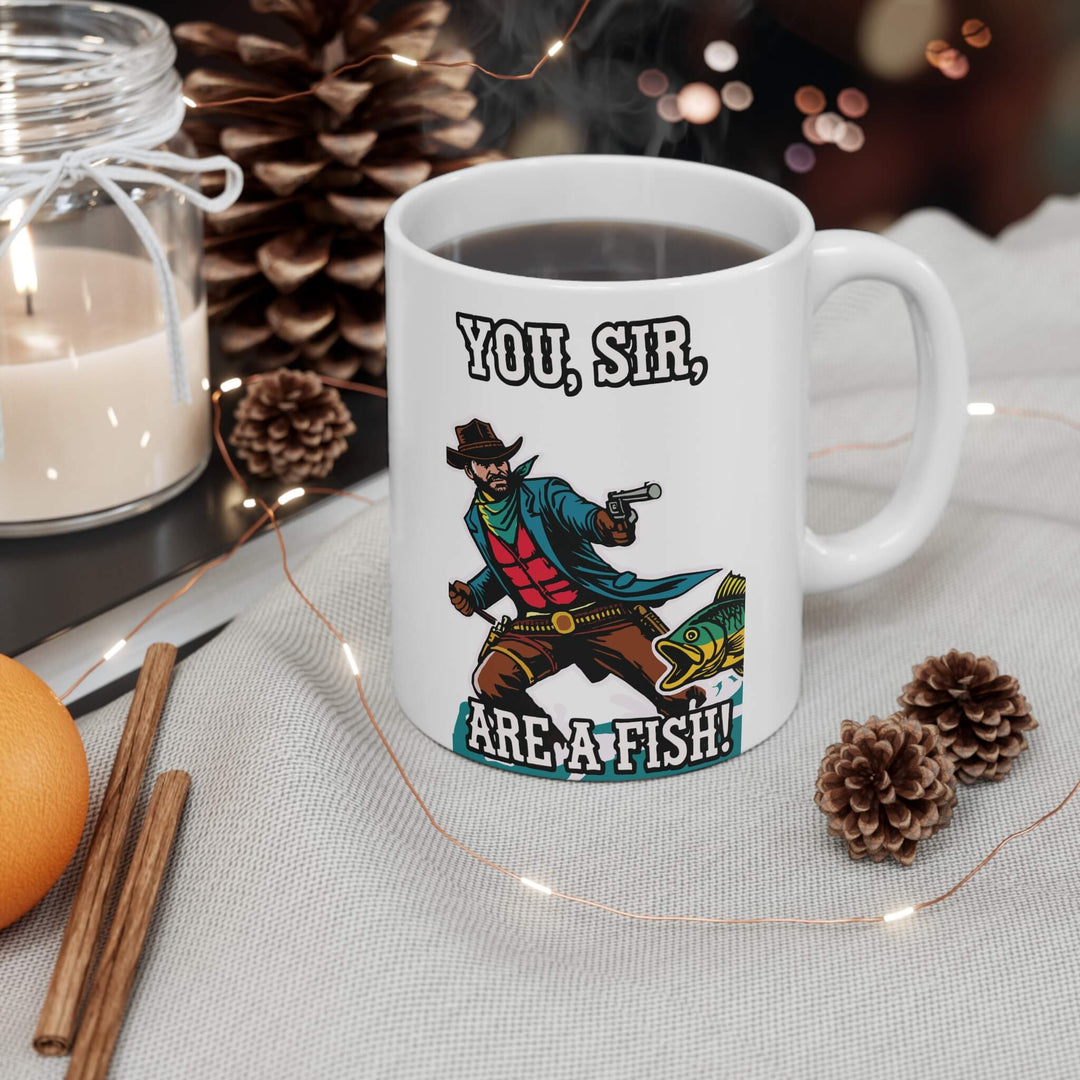 A humorous 11oz ceramic mug featuring a vibrant design of a cowboy aiming at a fish with the text "You, Sir, Are a Fish!" Perfect for coffee lovers with a quirky sense of humor, featuring a glossy finish, microwave and dishwasher-safe.