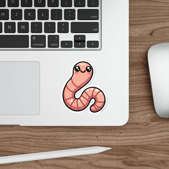 Cute pink worm sticker on a laptop keyboard, available as a single, in a three-pack, or six-pack, waterproof and durable for everyday use.