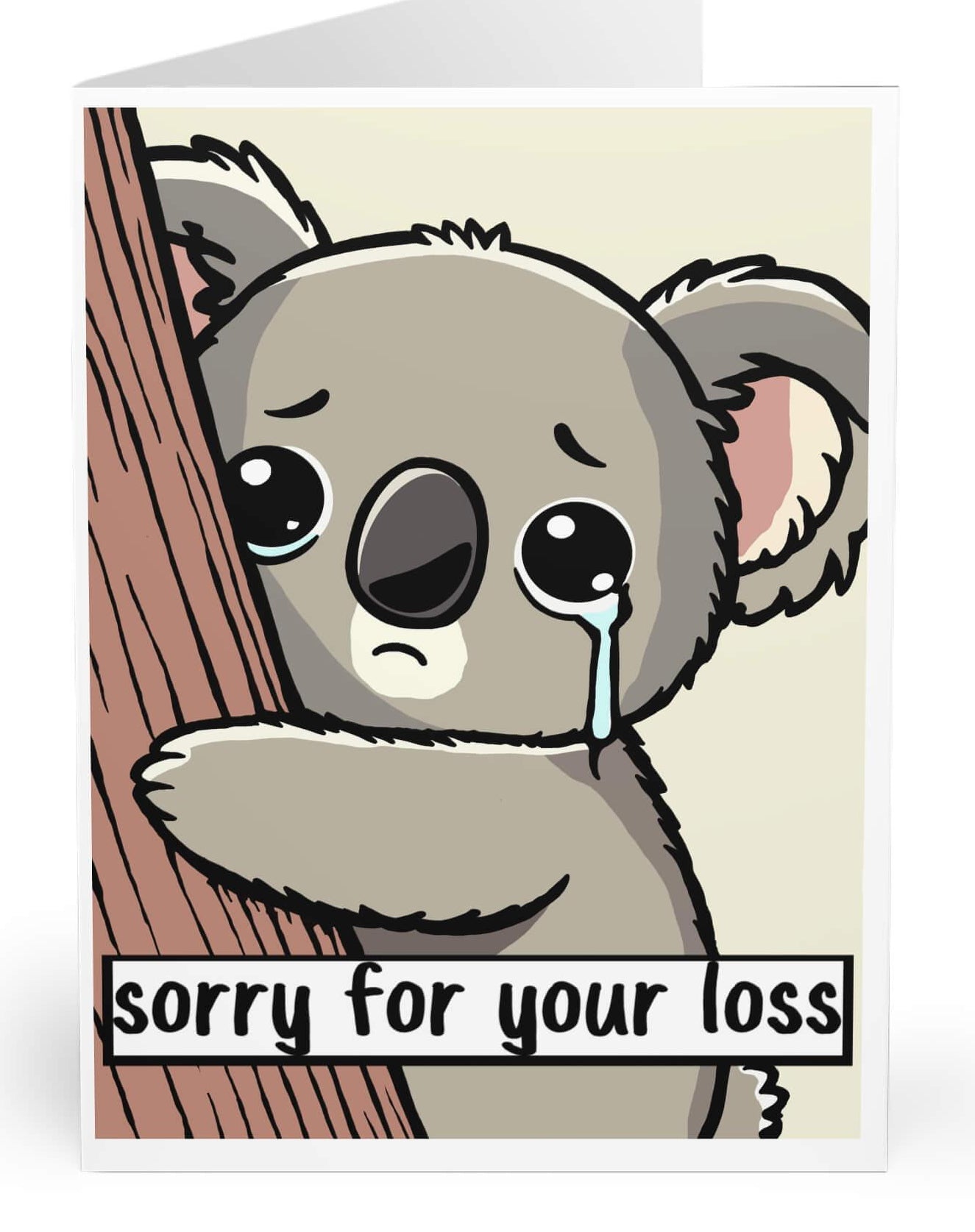 A tender illustration of a koala with tear-filled eyes, clutching a tree, with the heartfelt message 'sorry for your loss' at the bottom