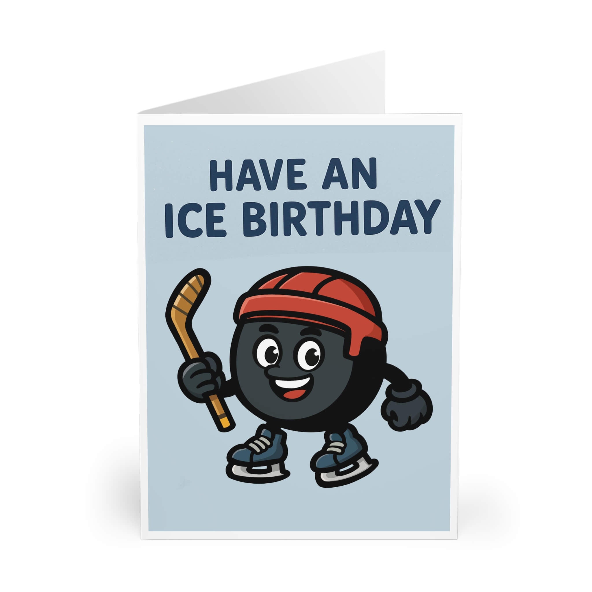 Cartoon hockey puck wearing a red helmet and skates, holding a hockey stick, smiling under the text “Have an Ice Birthday” on a light blue background.