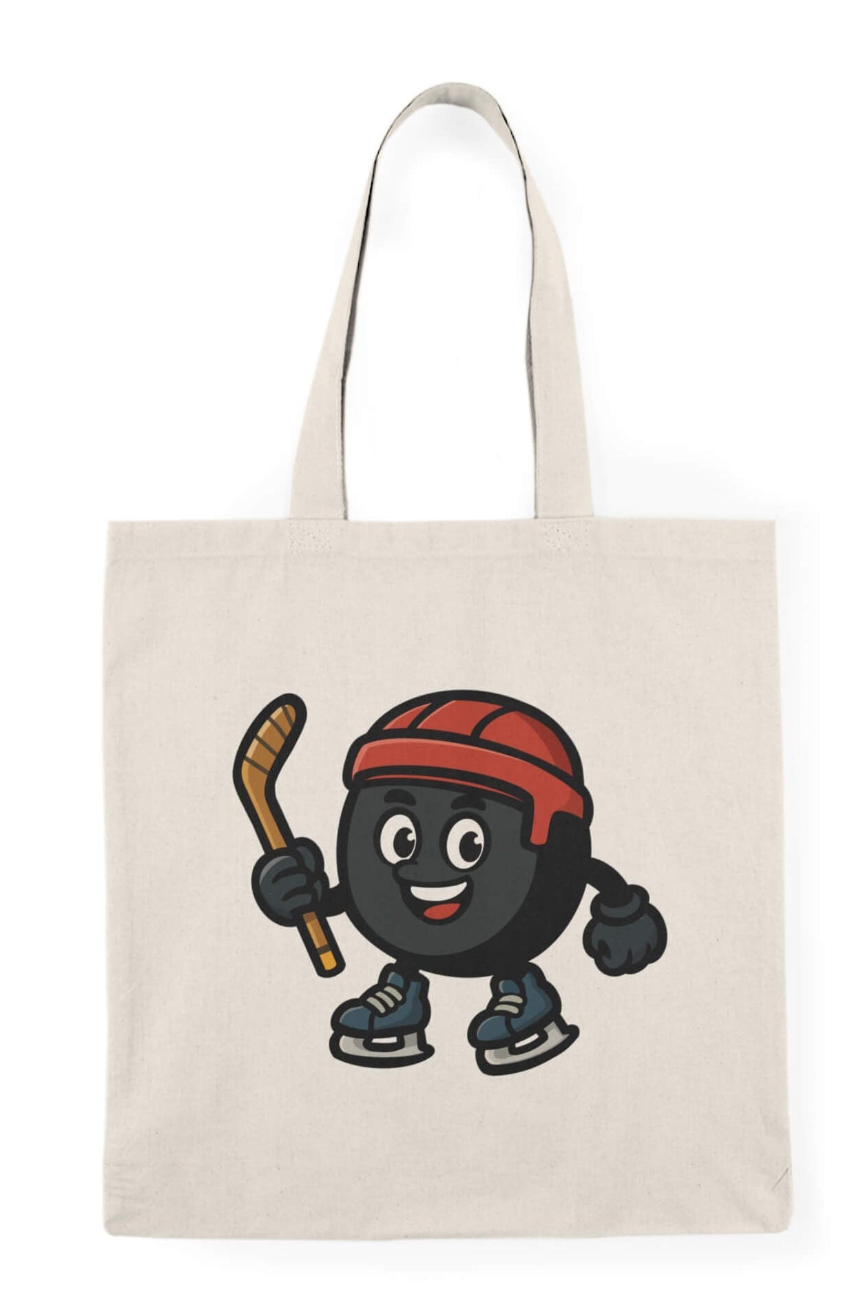 Tote bag with a cartoon character holding a hockey stick on a white background