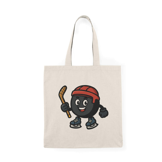 Tote bag with a cartoon character holding a hockey stick on a white background