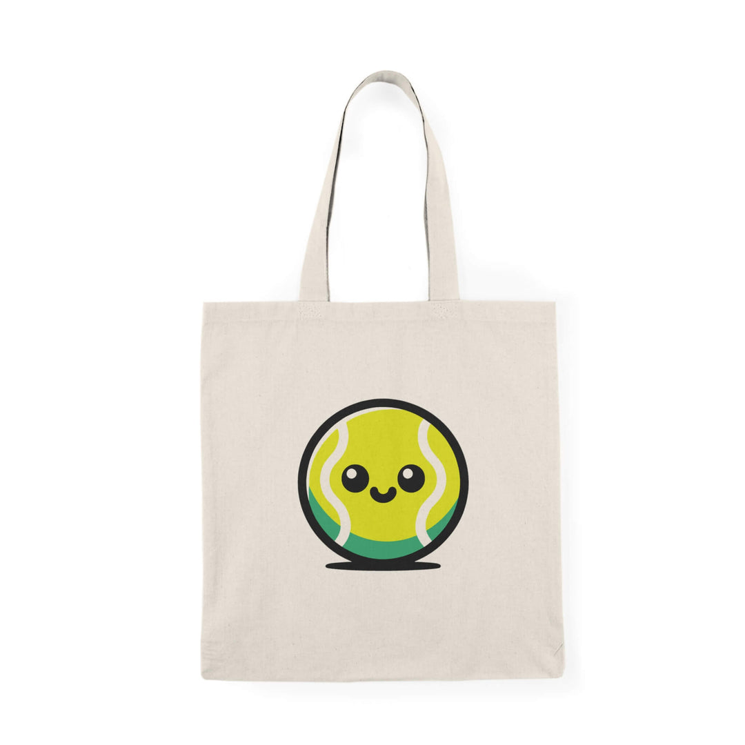 Natural cotton tote bag featuring a cute cartoon tennis ball with a smiling face.