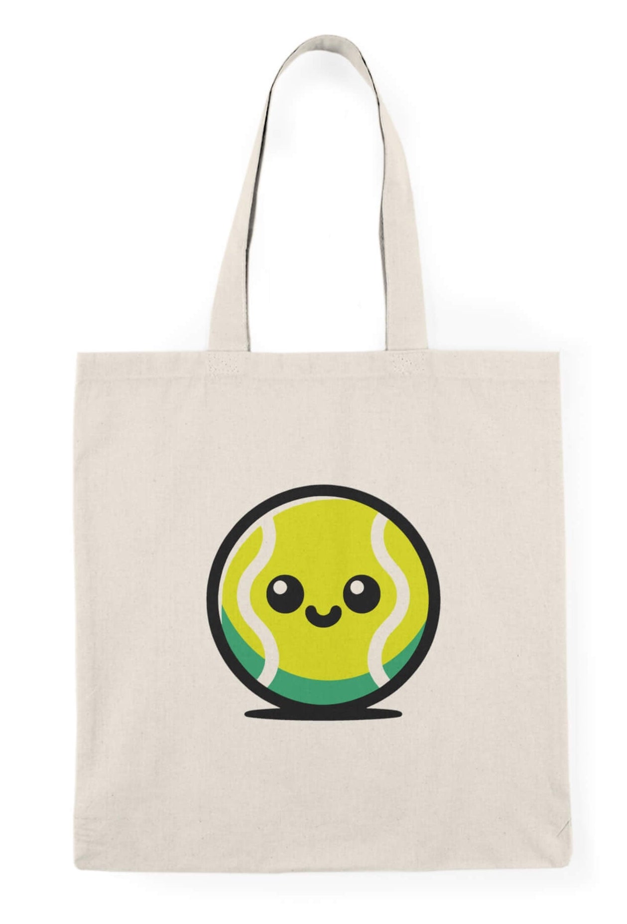Natural cotton tote bag featuring a cute cartoon tennis ball with a smiling face.