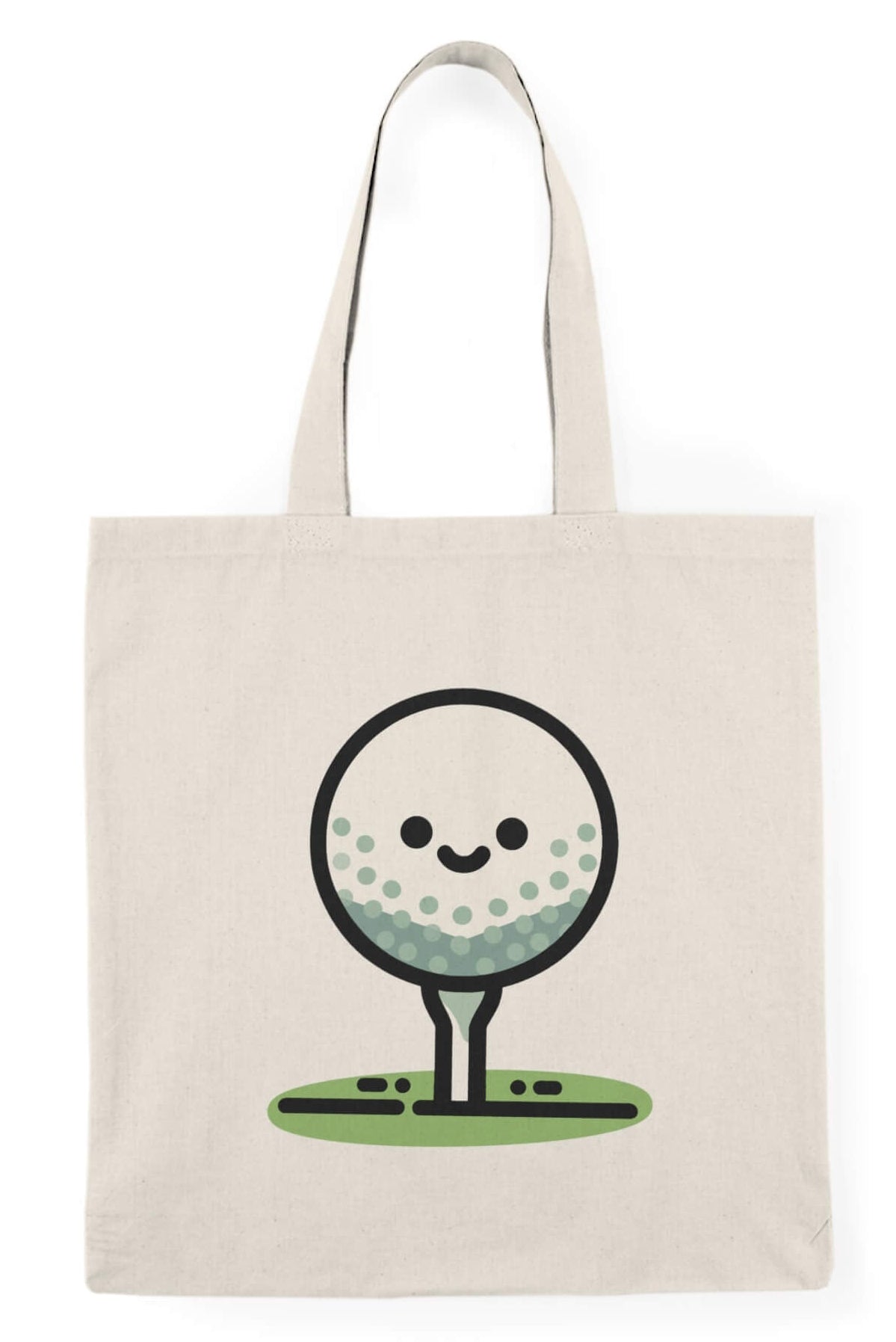 Beige cotton tote bag with a cute cartoon golf ball sitting on a tee, smiling.