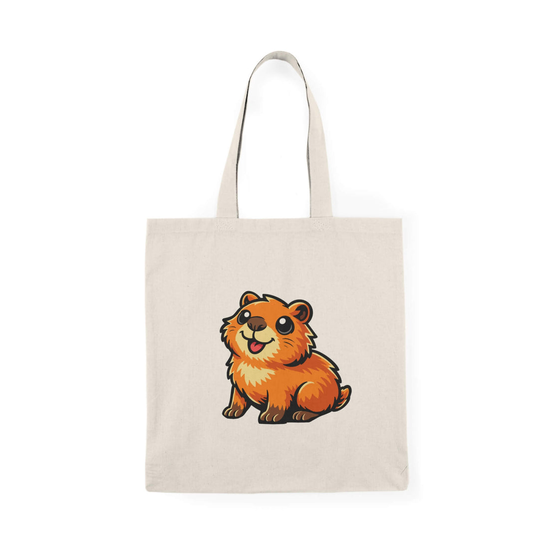 Cute capybara illustration printed on a cream canvas tote bag.