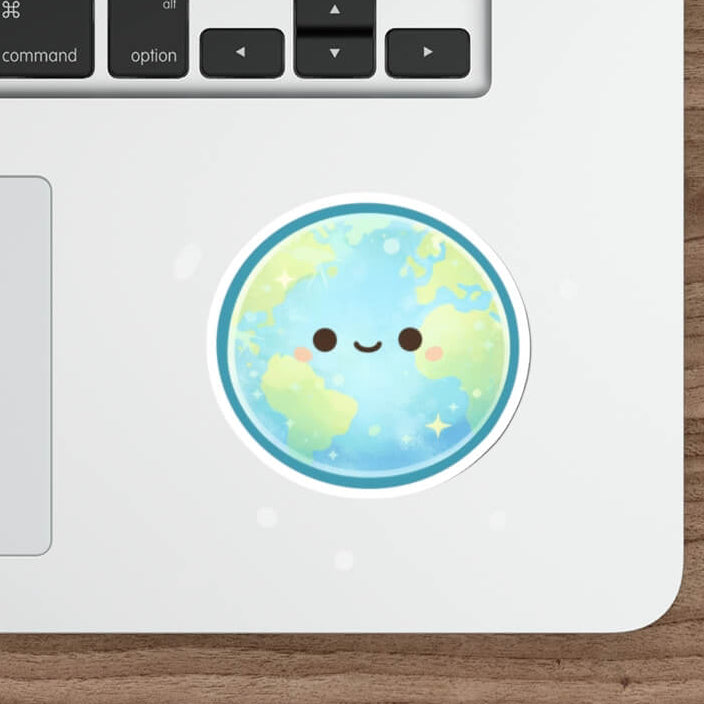 Cute pastel Earth sticker with a smiling face and soft sparkles, kawaii style vinyl decal placed on a laptop surface.