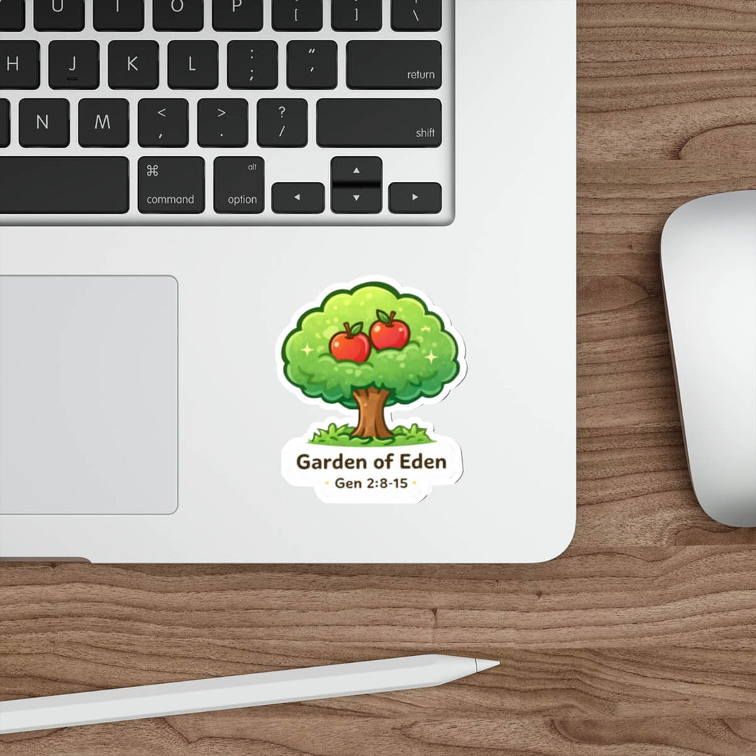 Cute apple tree sticker with two red apples and the text “Garden of Eden Gen 2:8-15” in kawaii style vinyl decal.