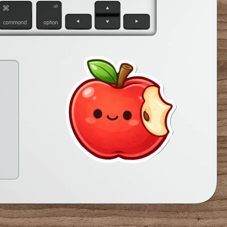 Cute bitten apple sticker with a smiling face in kawaii style vinyl decal inspired by the forbidden fruit story.