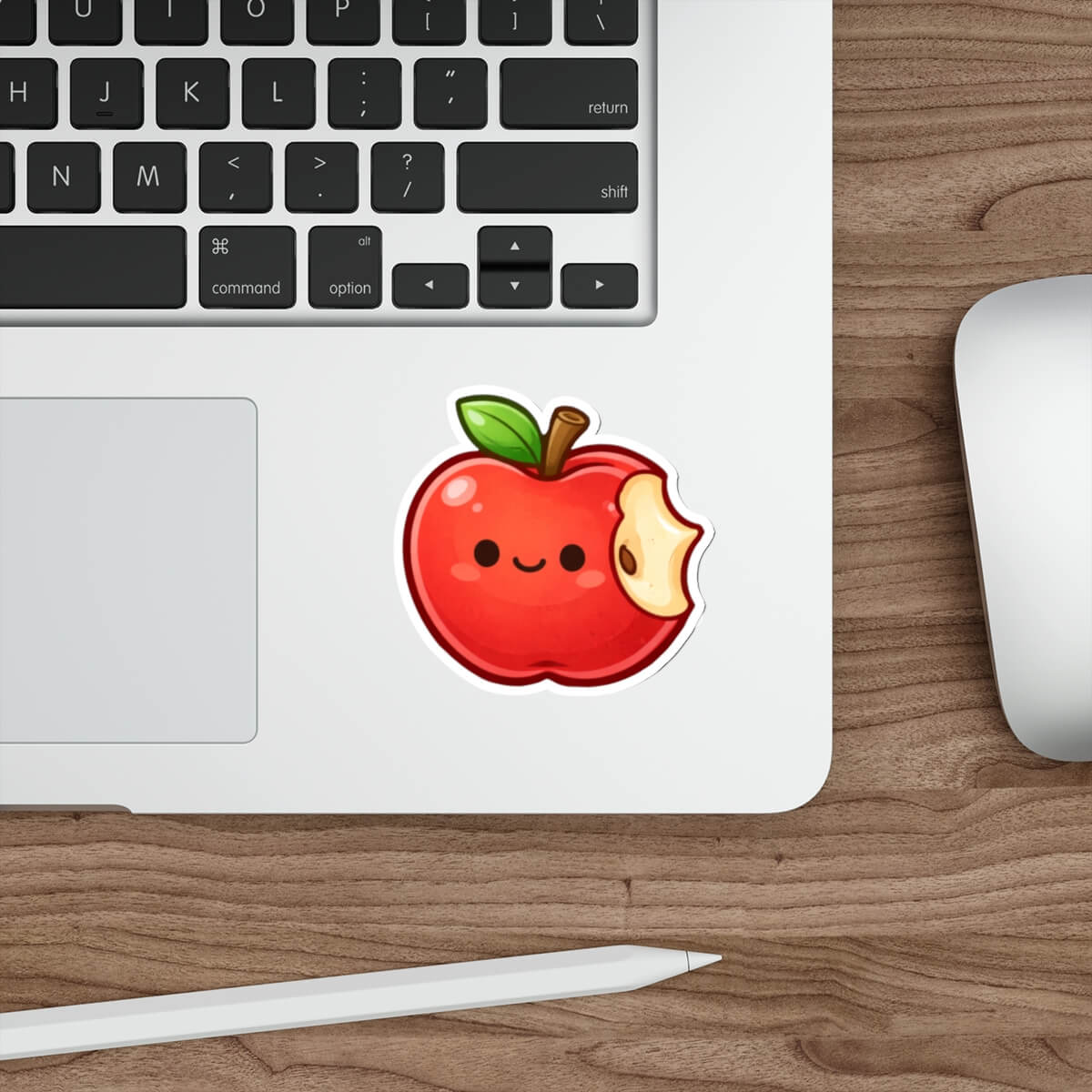 Cute bitten apple sticker with a smiling face in kawaii style vinyl decal inspired by the forbidden fruit story.