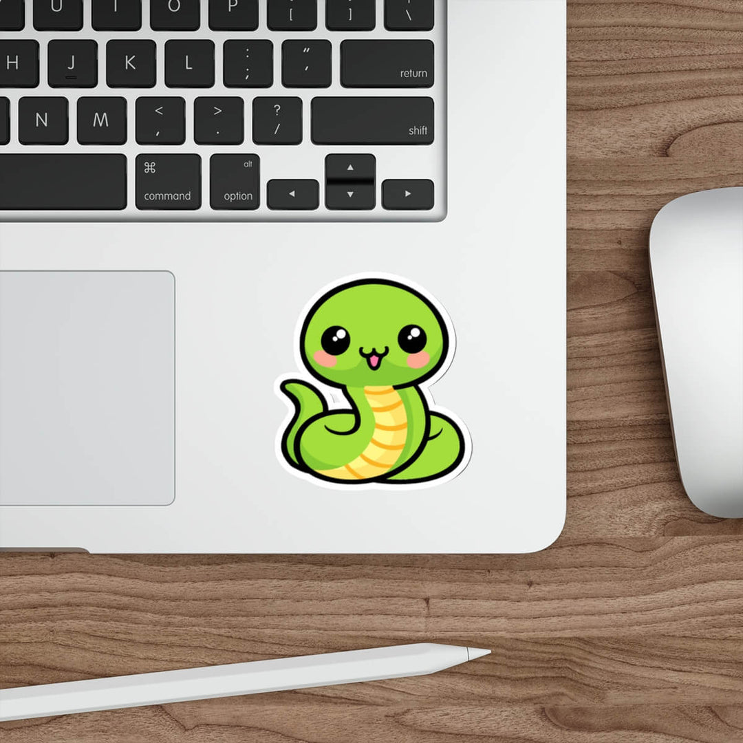 Cute kawaii green snake sticker with big glossy eyes and yellow belly, waterproof vinyl animal decal design