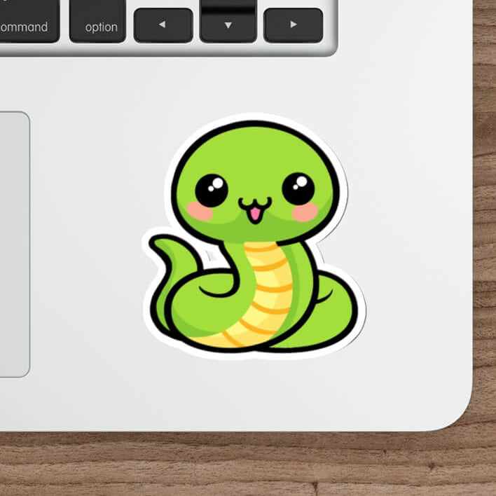 Cute kawaii green snake sticker with big glossy eyes and yellow belly, waterproof vinyl animal decal design