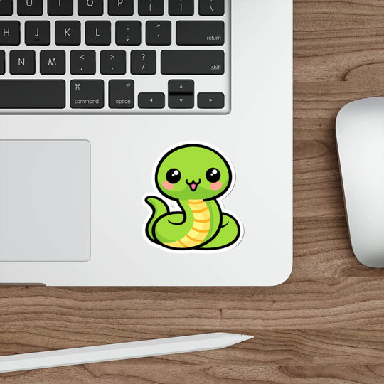 Cute kawaii green snake sticker with big glossy eyes and yellow belly, waterproof vinyl animal decal design
