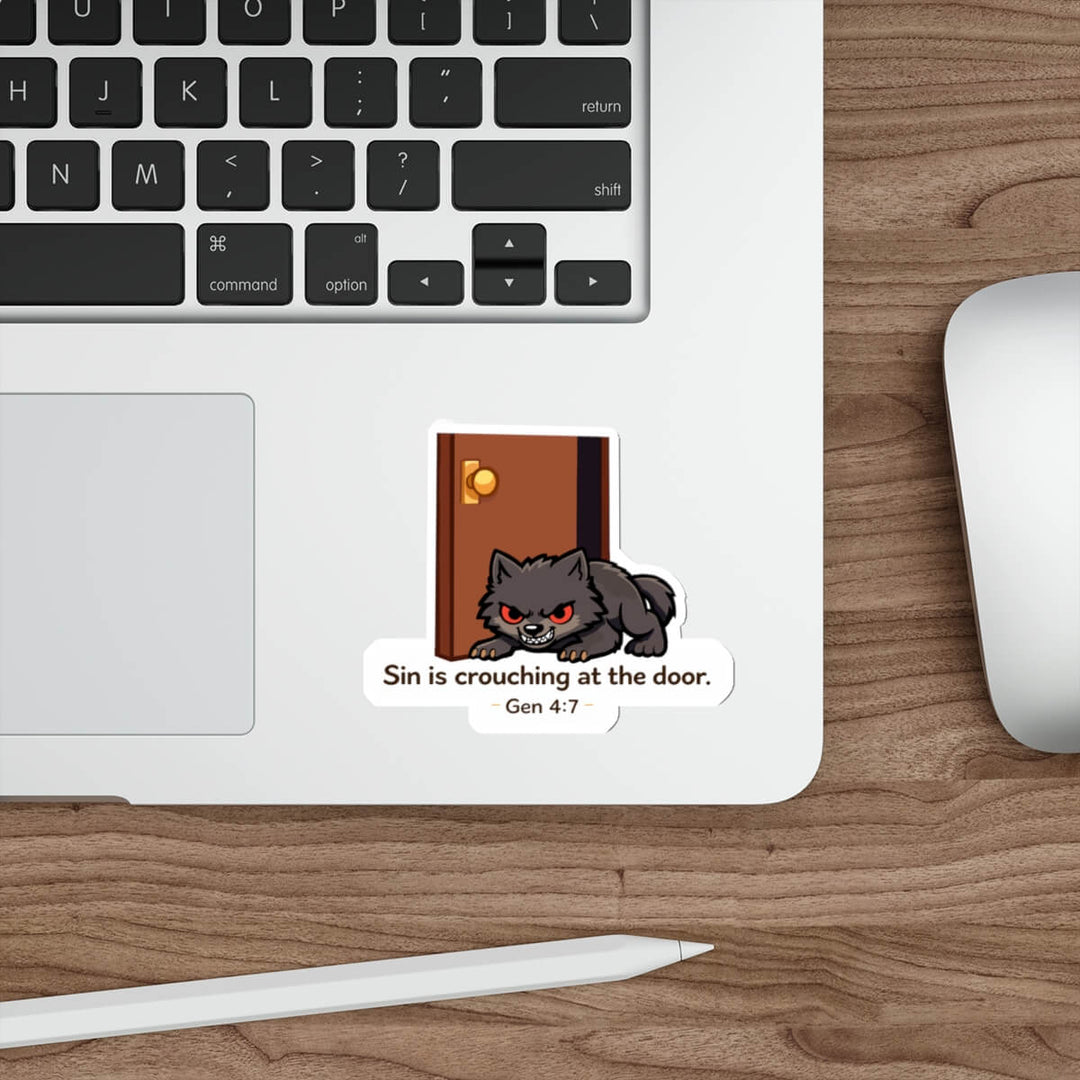 Cute wolf crouching at a door sticker with the text “Sin is crouching at the door. Gen 4:7” in kawaii style vinyl decal.