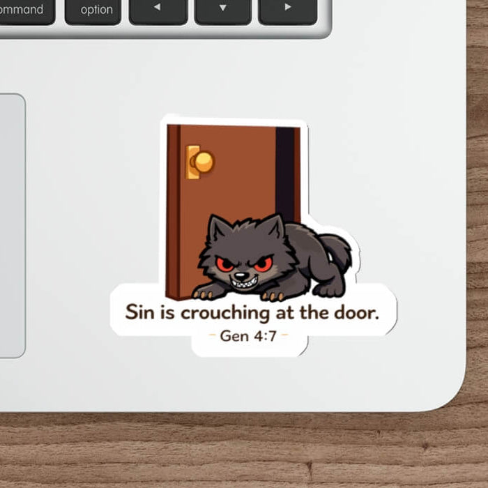 Cute wolf crouching at a door sticker with the text “Sin is crouching at the door. Gen 4:7” in kawaii style vinyl decal.