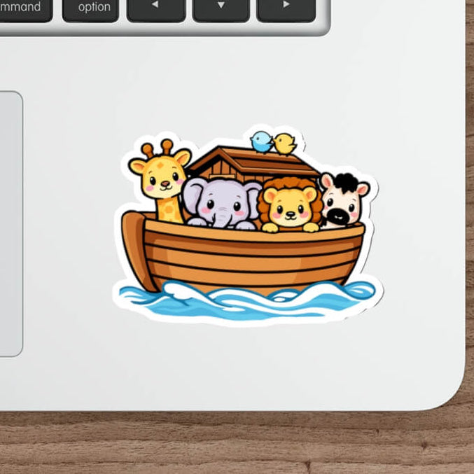 Cute Noah’s Ark sticker with animals including giraffe, elephant, lion and birds in kawaii style vinyl decal.