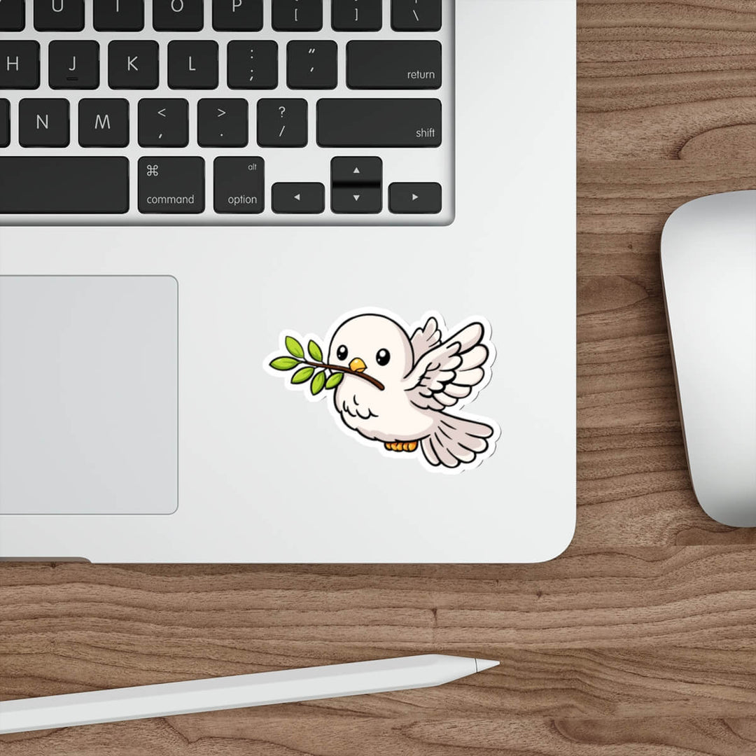 Cute dove holding an olive branch in kawaii style vinyl sticker, symbol of peace and Noah’s Ark.