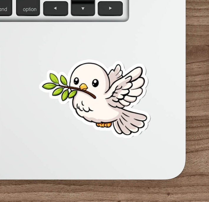 Cute dove holding an olive branch in kawaii style vinyl sticker, symbol of peace and Noah’s Ark.