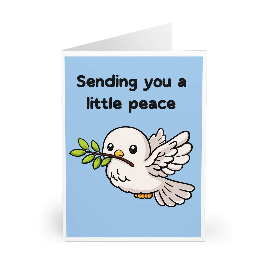 Cute dove holding an olive branch on blue background with the phrase “Sending you a little peace,” gentle sympathy greeting card design