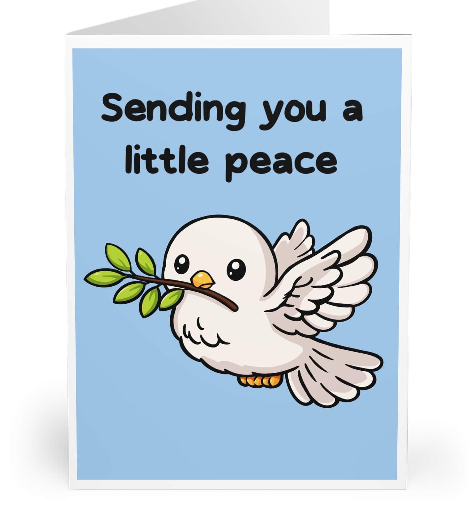 Cute dove holding an olive branch on blue background with the phrase “Sending you a little peace,” gentle sympathy greeting card design
