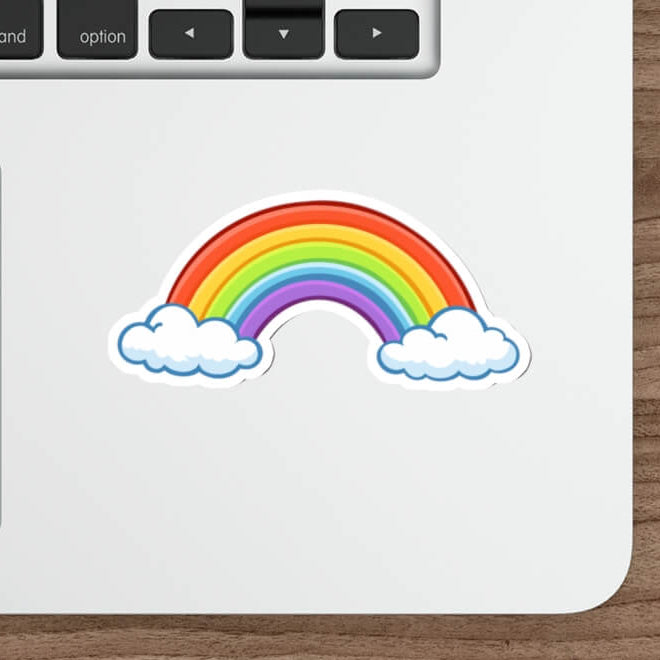 Cute rainbow sticker with clouds in kawaii style vinyl decal for laptops and water bottles.