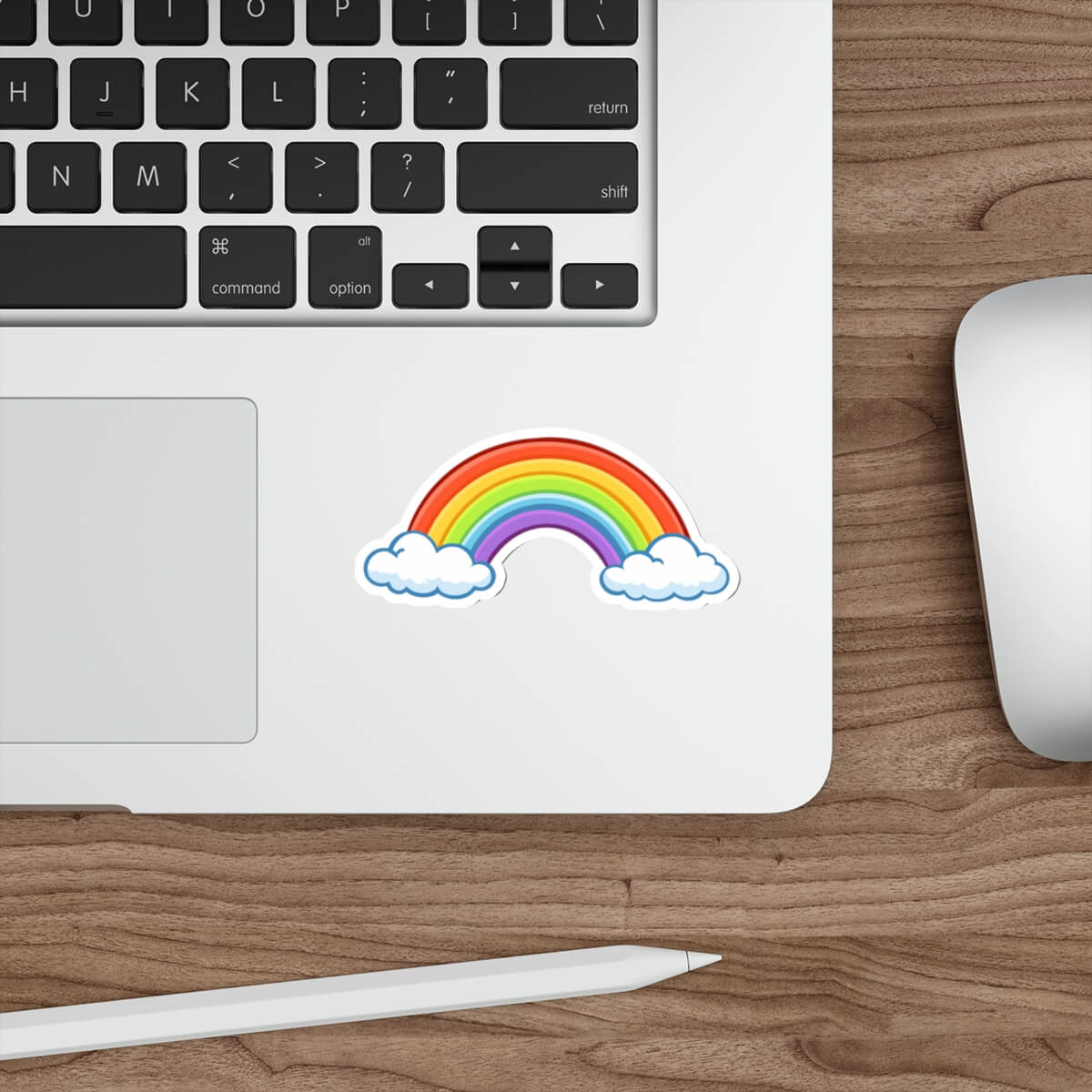 Cute rainbow sticker with clouds in kawaii style vinyl decal for laptops and water bottles.